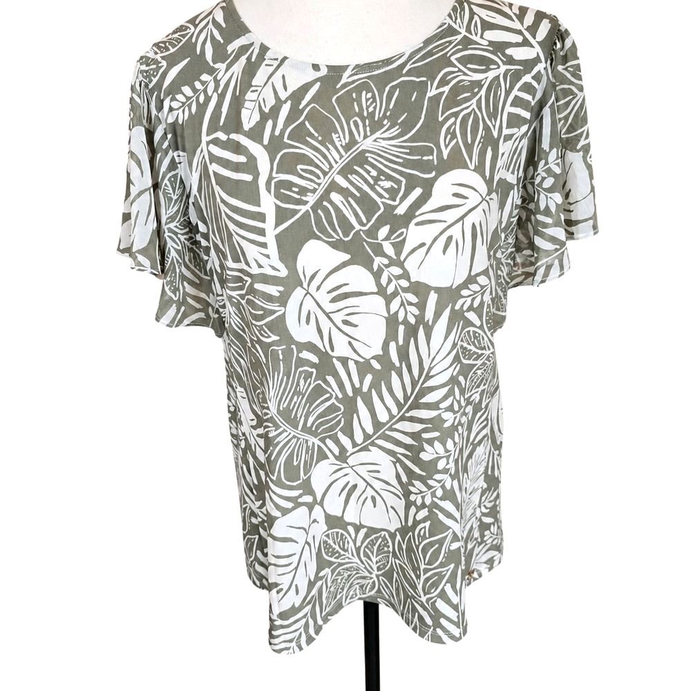 Calvin Klein Tropical Leaf Top M Womens Olive White Flutter Sleeve Gold CK